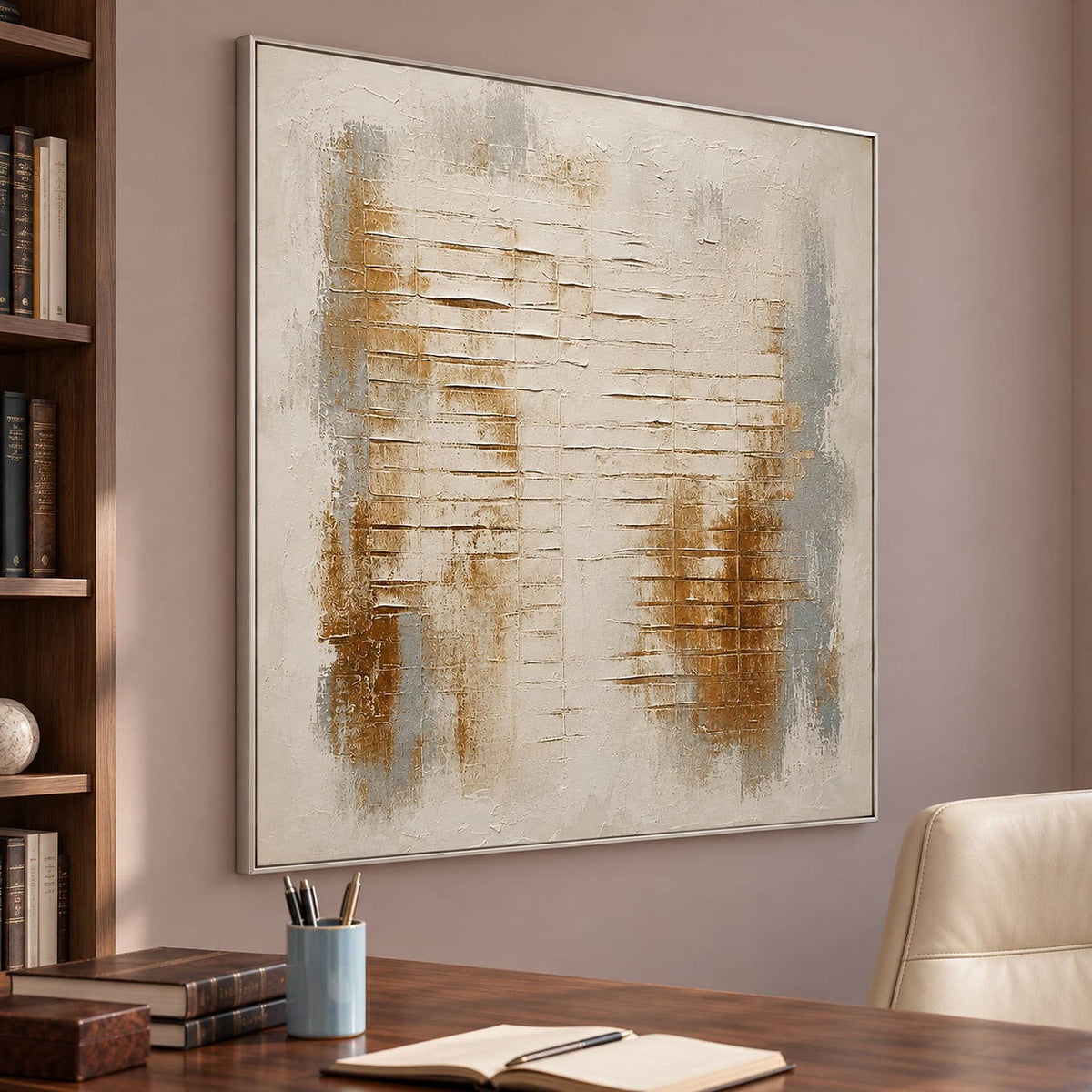 Ivory abstract painting with warm gold patches and horizontal raised lines in a silver frame in a home office.