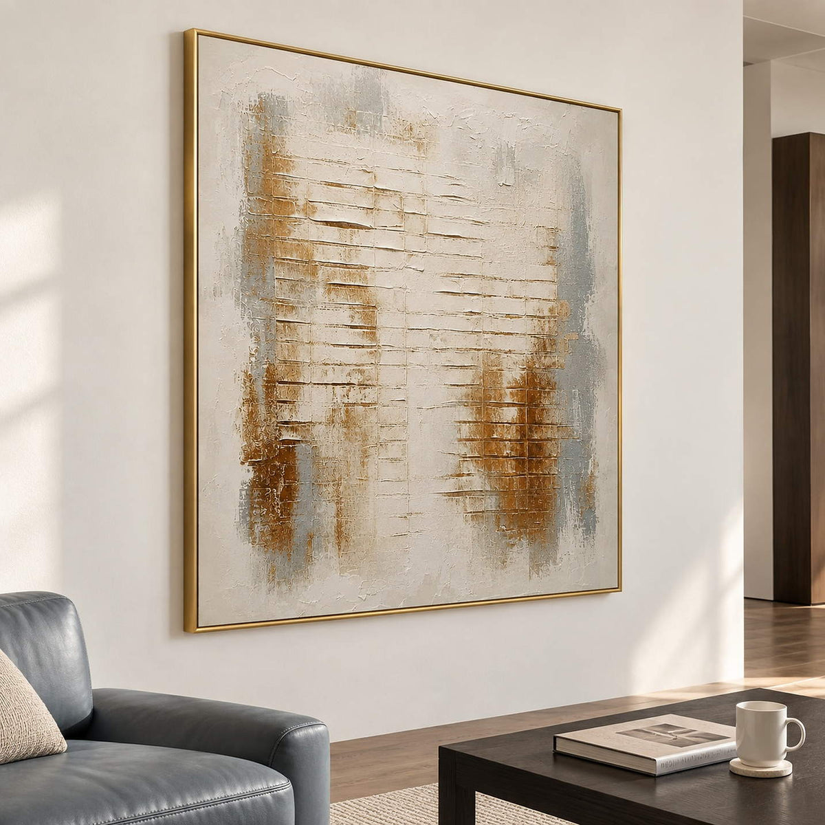 Ivory abstract painting with warm gold patches and horizontal raised lines in a gold frame in a reception lounge.
