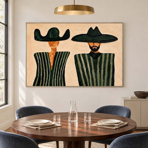 Green-striped pair behind a round wooden table and blue chairs.