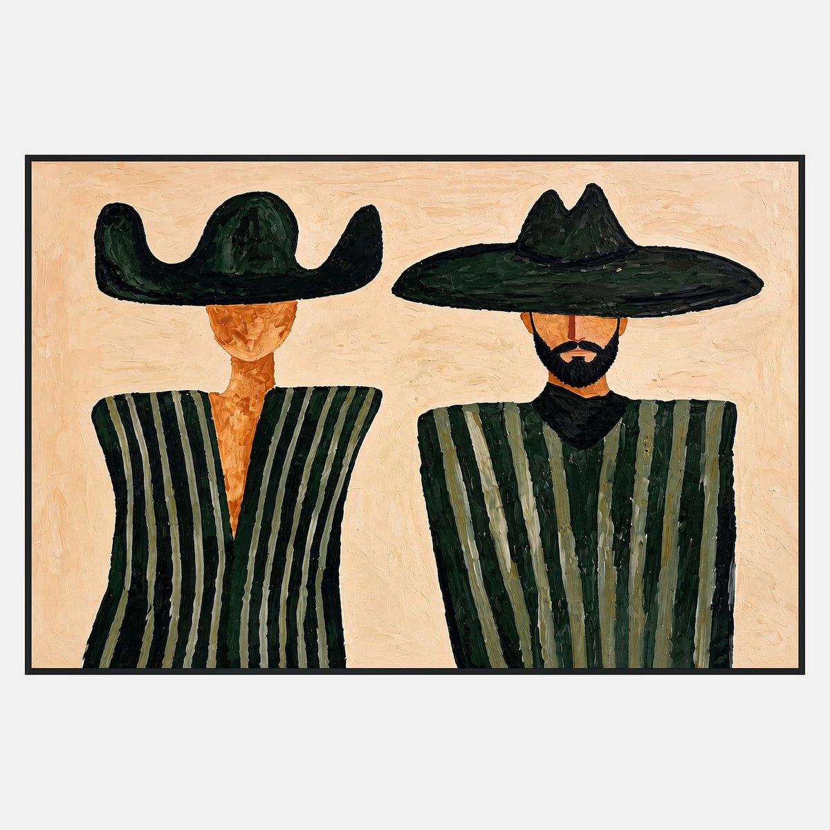 Two green-striped figures in dark wide hats on cream; the right figure has a black beard and neck scarf.
