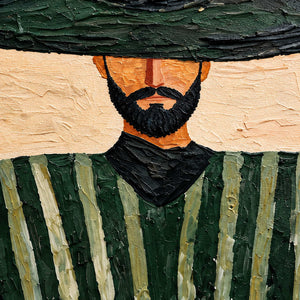 Detail of the right figure's beard, dark neck scarf, and raised green stripes.