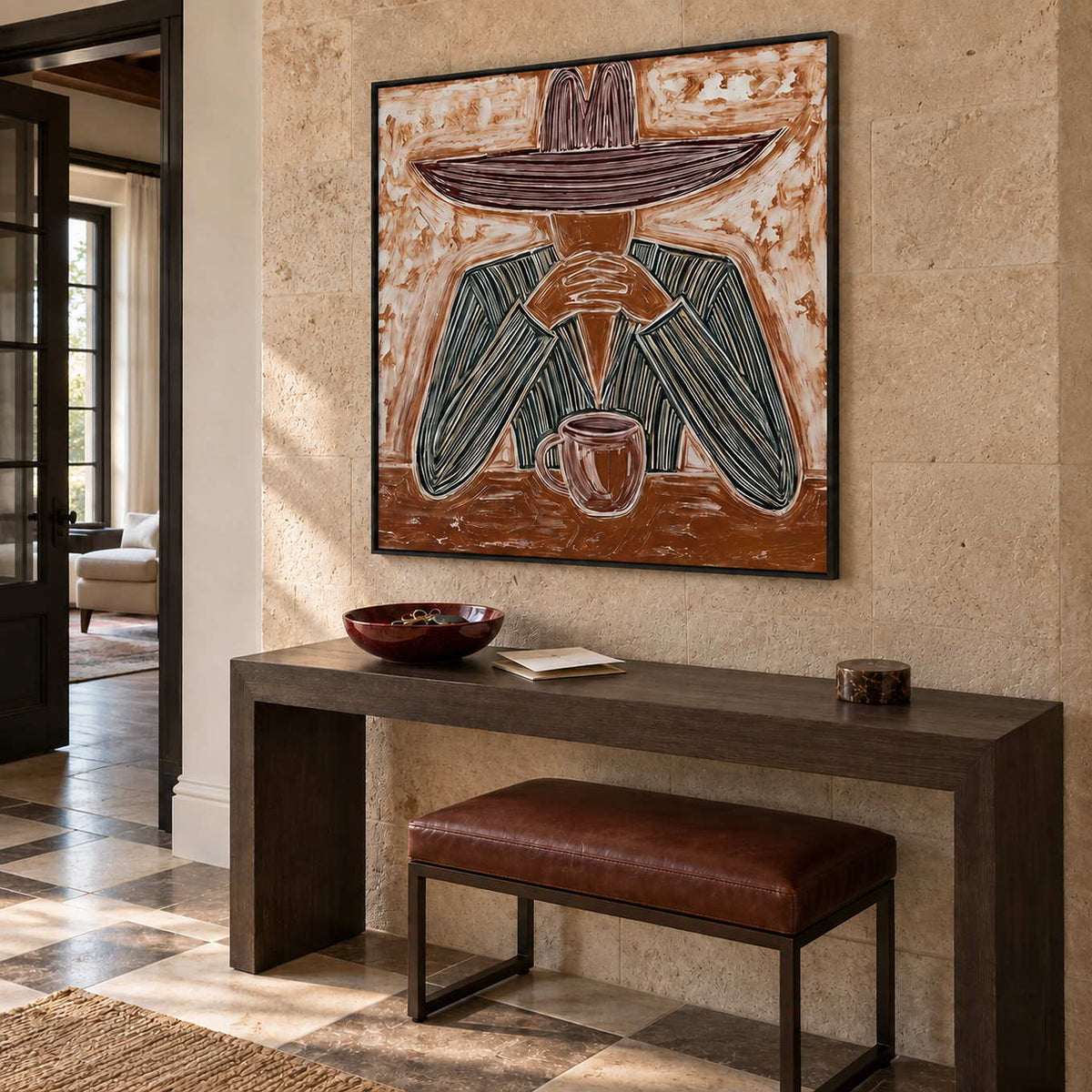 Time to Linger in a black frame above a dark hallway console and a leather bench against a warm textured wall.