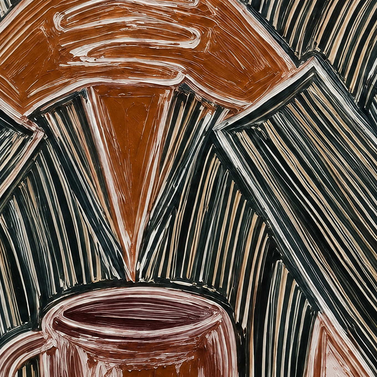 Close-up of Time to Linger showing cream contour lines around clasped hands, a dark striped jacket and a rounded cup.