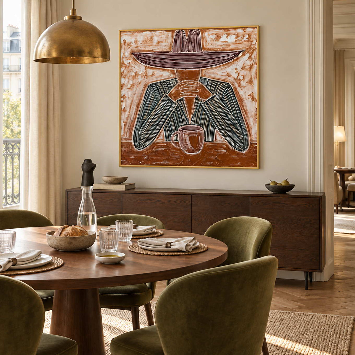 Time to Linger in a gold frame beside a round dining table with green chairs beneath a brass pendant.