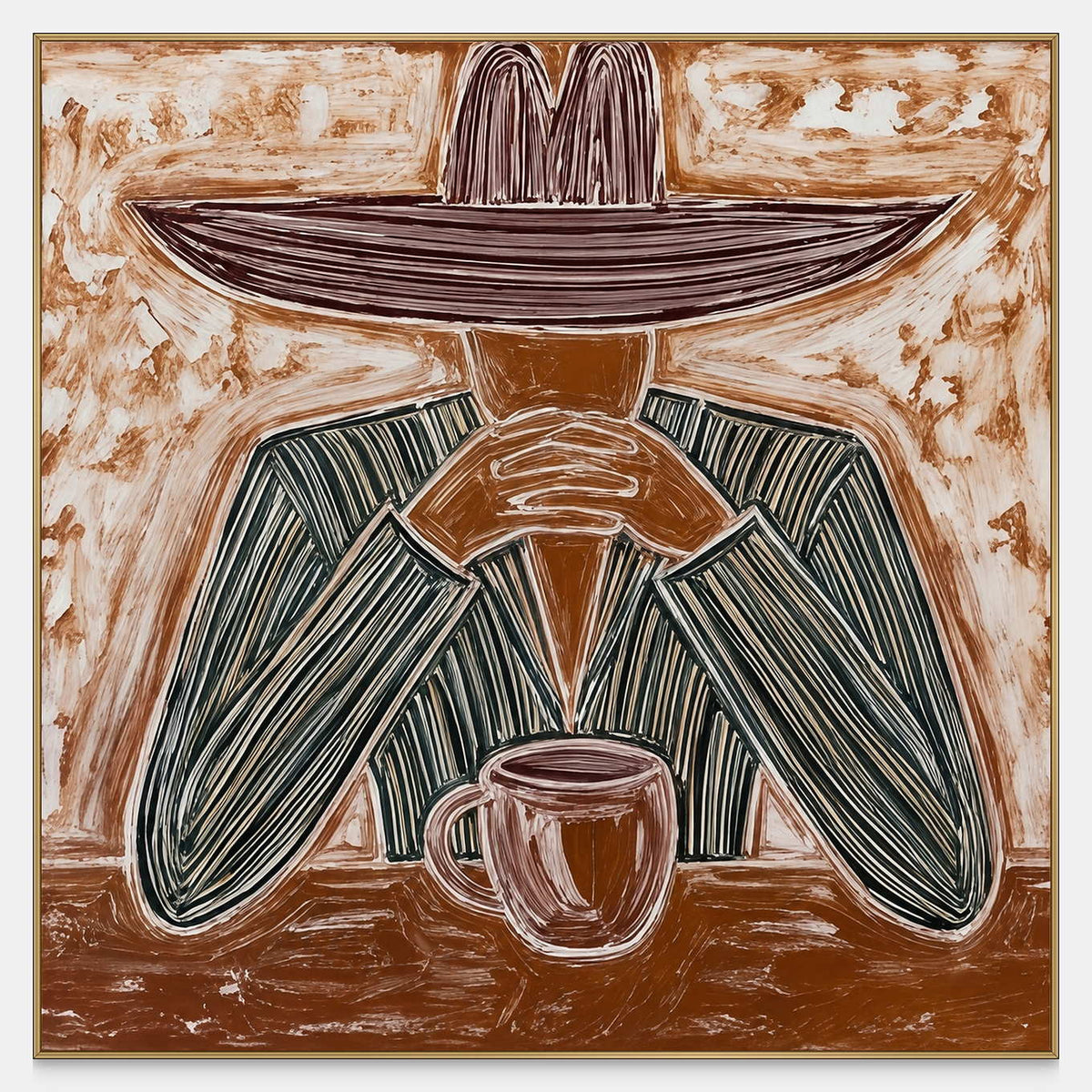 Front view of Time to Linger, a broad-hatted figure with clasped hands, a striped dark jacket and a cup on the table.