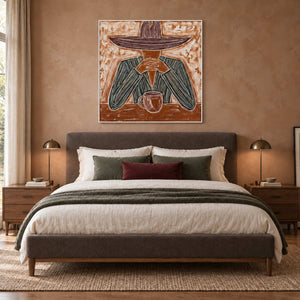 Time to Linger in a white frame above a brown upholstered bed with white bedding and a burgundy cushion.