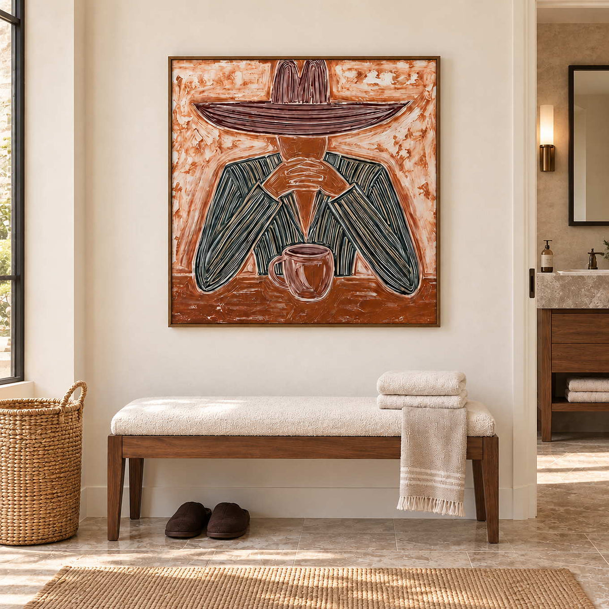 Time to Linger in a wood frame above a cream cushioned bench with folded white towels beside a bathroom vanity.