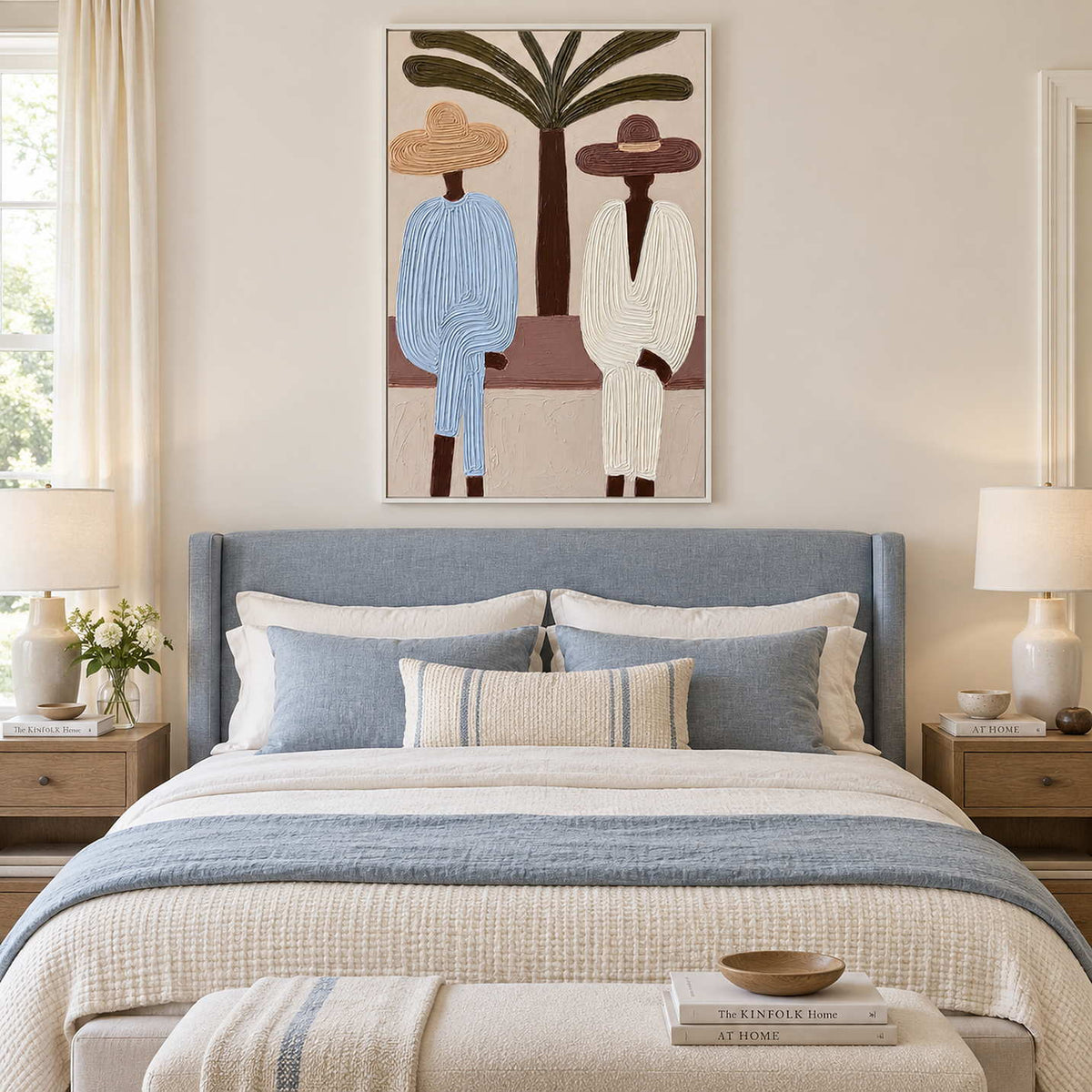 White-framed seated figures above a blue-gray headboard with coordinated bedding.