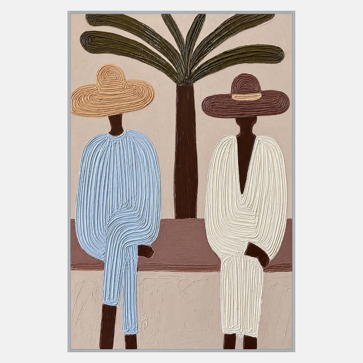 Two figures in broad hats and pale blue and cream clothing seated on a rose-colored bench with a palm between them.