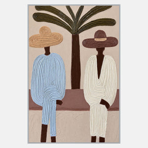 Two figures in broad hats and pale blue and cream clothing seated on a rose-colored bench with a palm between them.