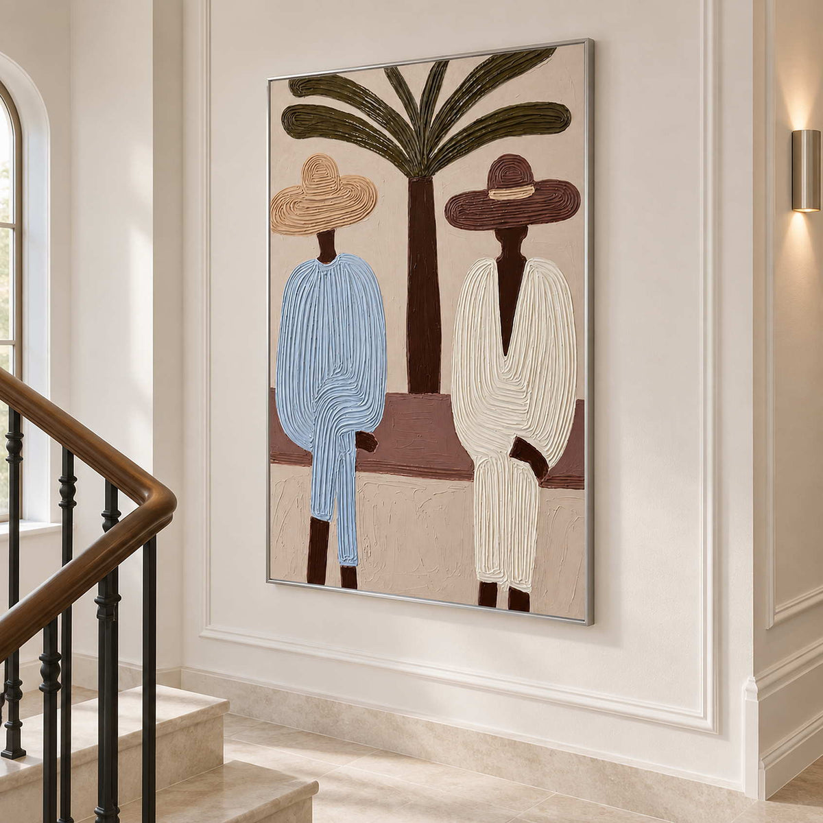 Angled view of the two-figure painting beside a curved stair rail on a paneled wall.