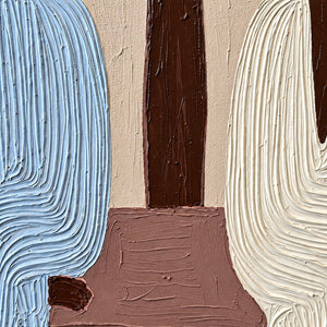 Detail of pale blue and cream ridged clothing beside a brown palm trunk and rose bench.