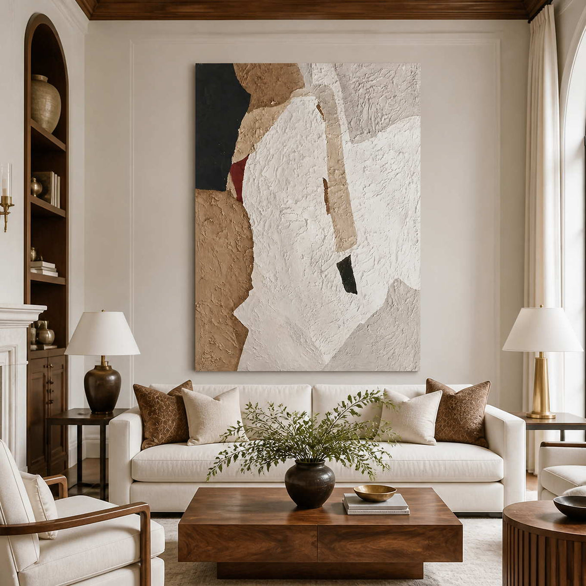 Frameless white and sand textured abstract artwork above a cream sofa with warm wooden furnishings.