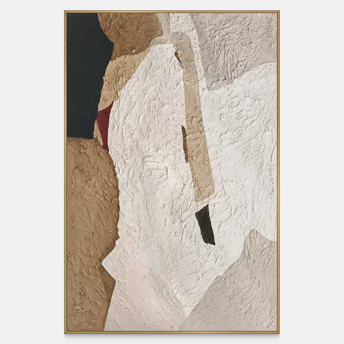 Vertical textured abstract artwork with rough white, sandy beige, charcoal, and small muted red areas.