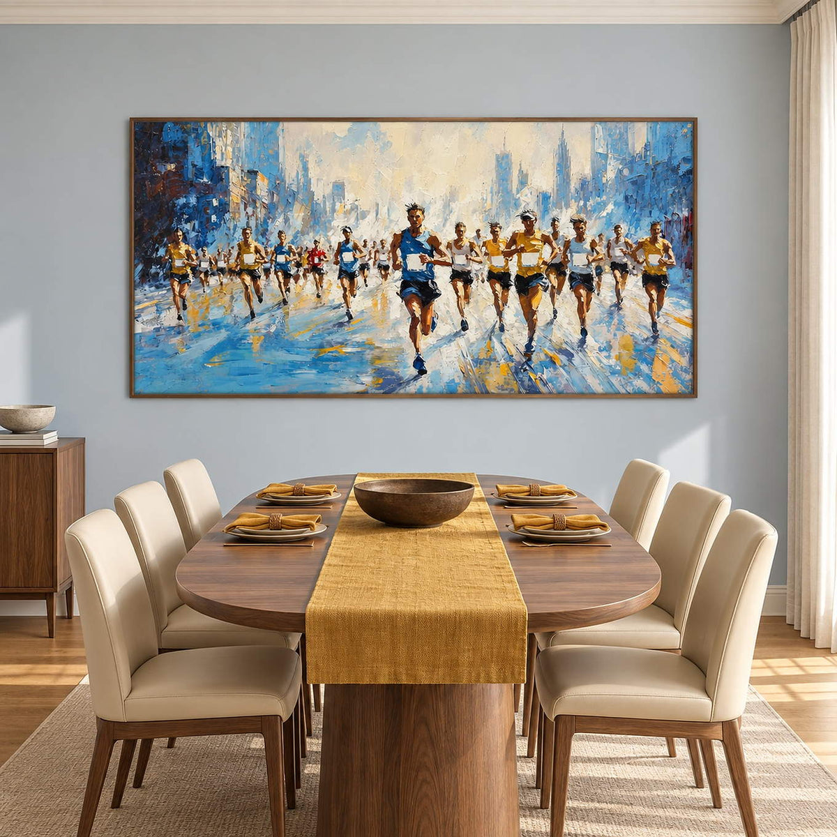 Blue and cream city running painting with a group of runners in a brown wood frame in a dining room.