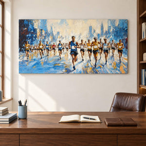 Blue and cream city running painting with a group of runners without an outer frame in a home office.