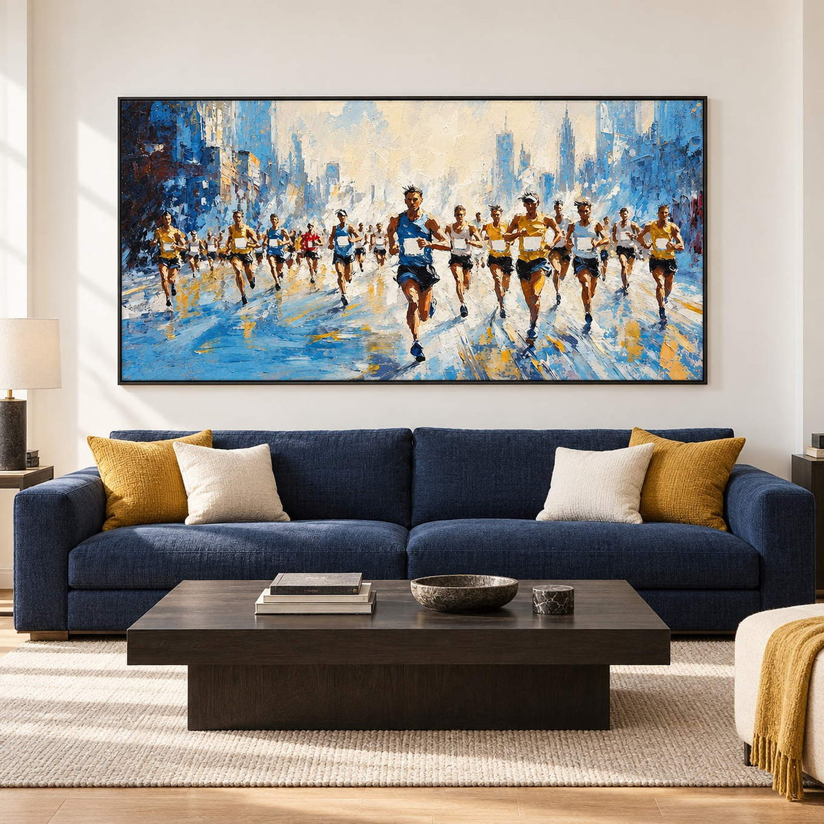 Blue and cream city running painting with a group of runners in a black frame in a living room.