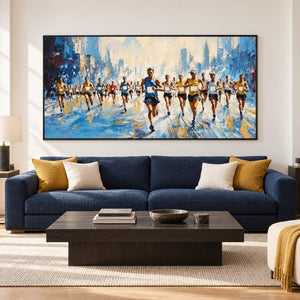 Blue and cream city running painting with a group of runners in a black frame in a living room.
