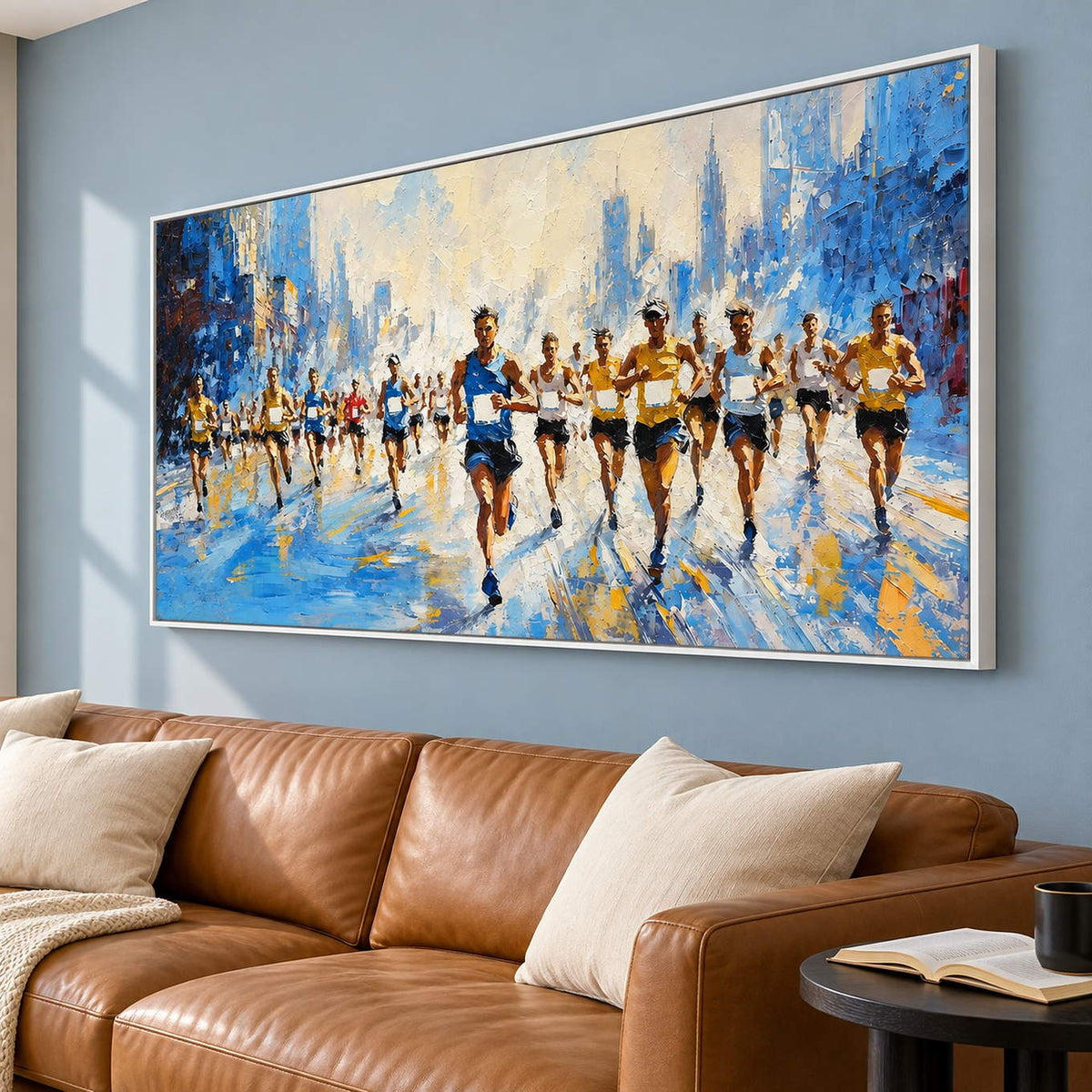 Blue and cream city running painting with a group of runners in a white frame in a lounge.