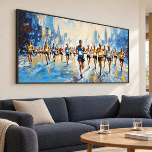 Blue and cream city running painting with a group of runners in a black frame in a reception lounge.