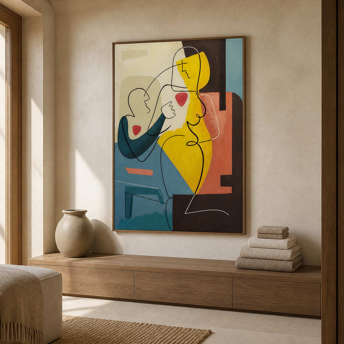 Wood-framed colorful figurative painting above a bathroom dry-area cabinet beside neatly folded towels.