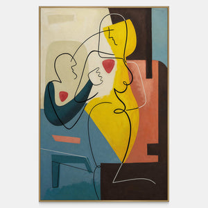 Vertical painting of overlapping outlined figures and small red hearts over yellow, teal, coral, and cream shapes.