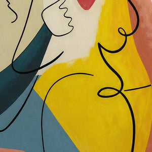 Close-up of curved black figure outlines crossing yellow, teal, and cream paint with visible brush texture.
