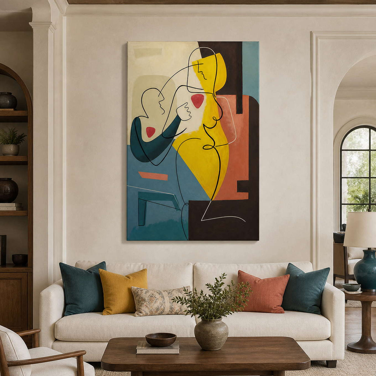 Colorful line-drawn figures above an ivory sofa with teal and yellow cushions in a sunlit living room.