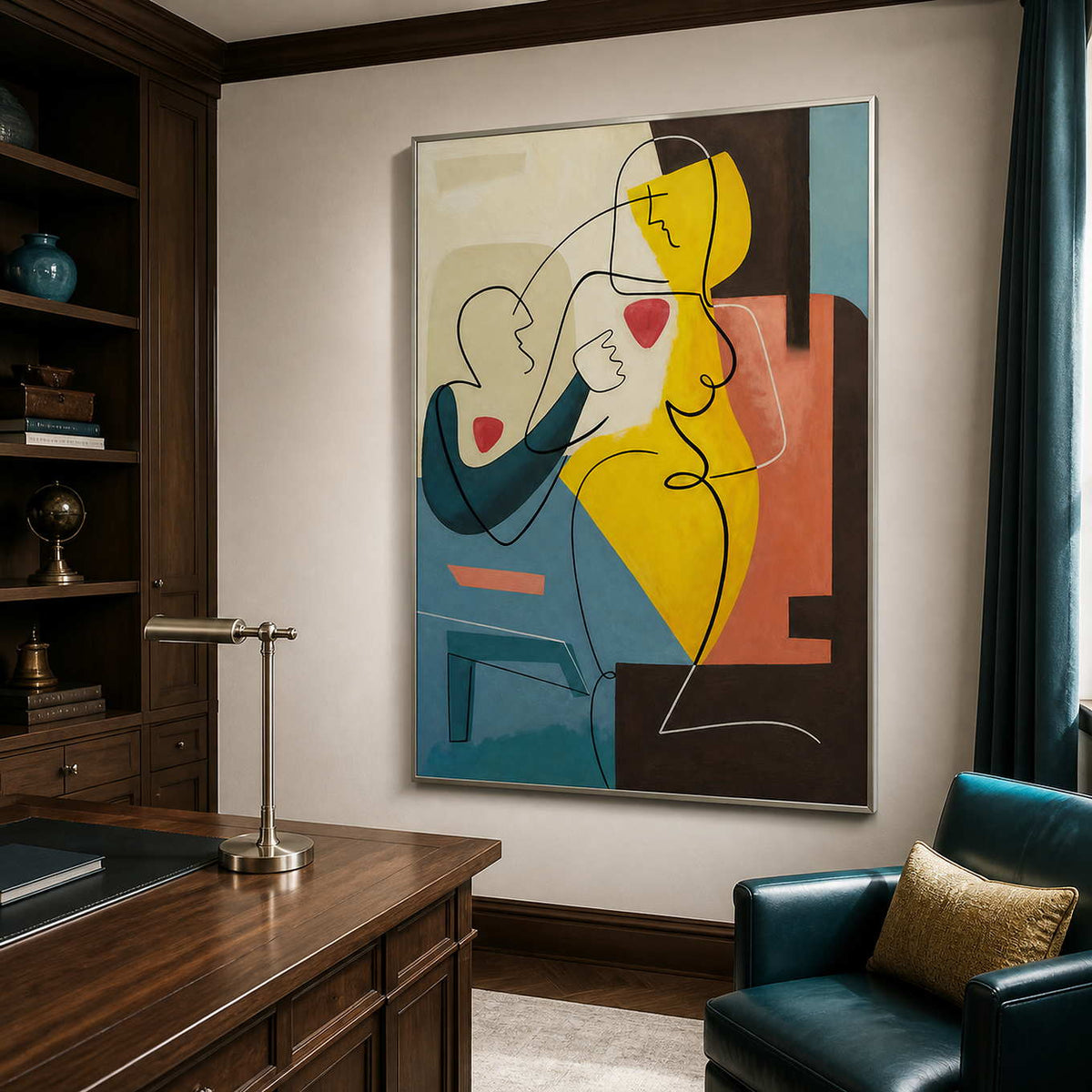 Silver-framed figurative painting with yellow and teal shapes beside a wooden desk and deep teal study chair.