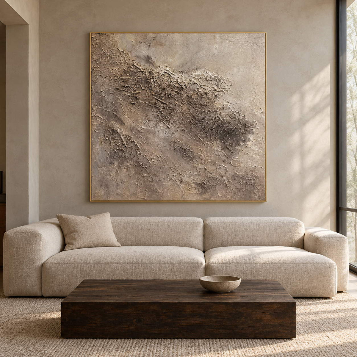In a living room above seating, an artwork with a gold-colored frame shows irregular beige and taupe relief-like textures on a pale square ground.