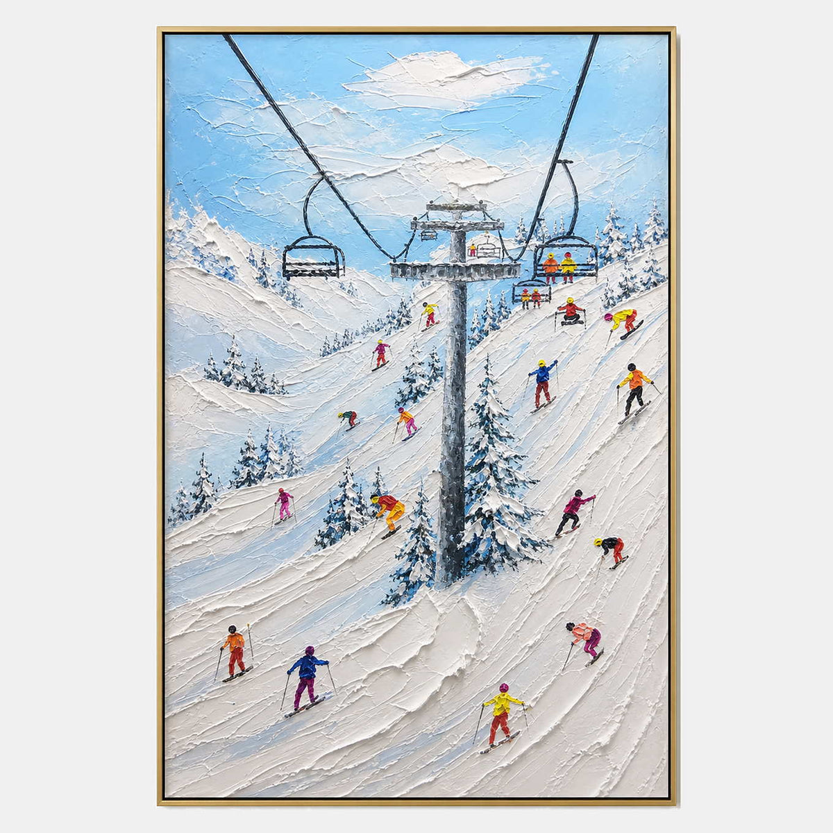 Hand-painted ski landscape wall art with white, blue, and neutral tones.