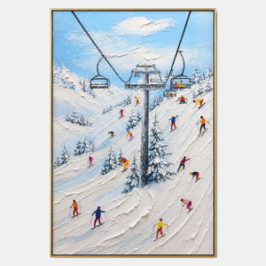 Hand-painted ski landscape wall art with white, blue, and neutral tones.