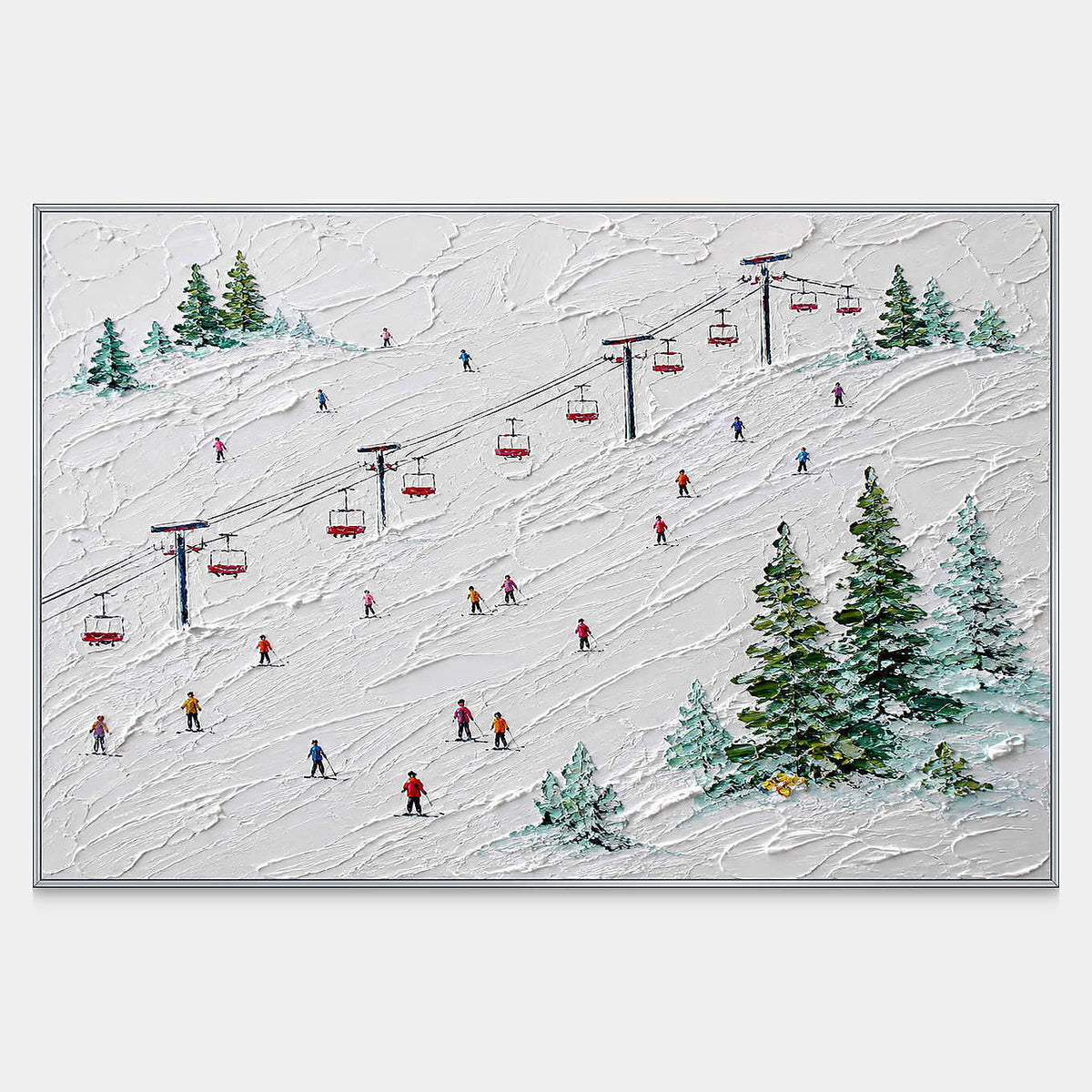 Hand-painted snowy ski slope with red chairlifts, colorful skiers, and evergreen trees.