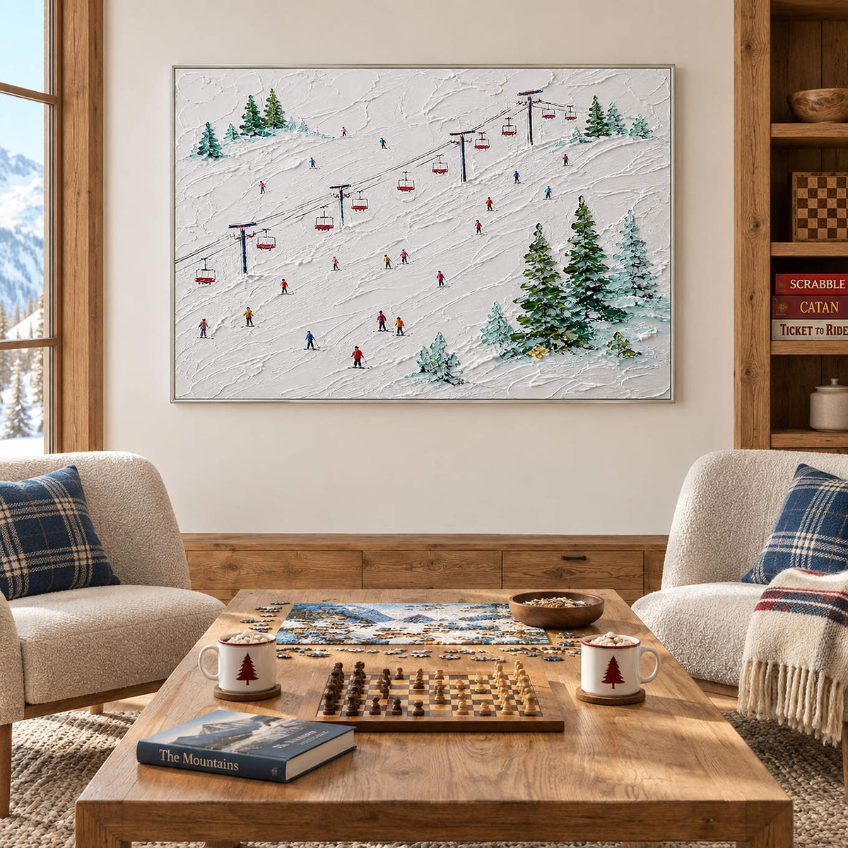 Snowy ski slope painting with red chairlifts, colorful skiers, and evergreen trees in a silver frame in a family activity room.