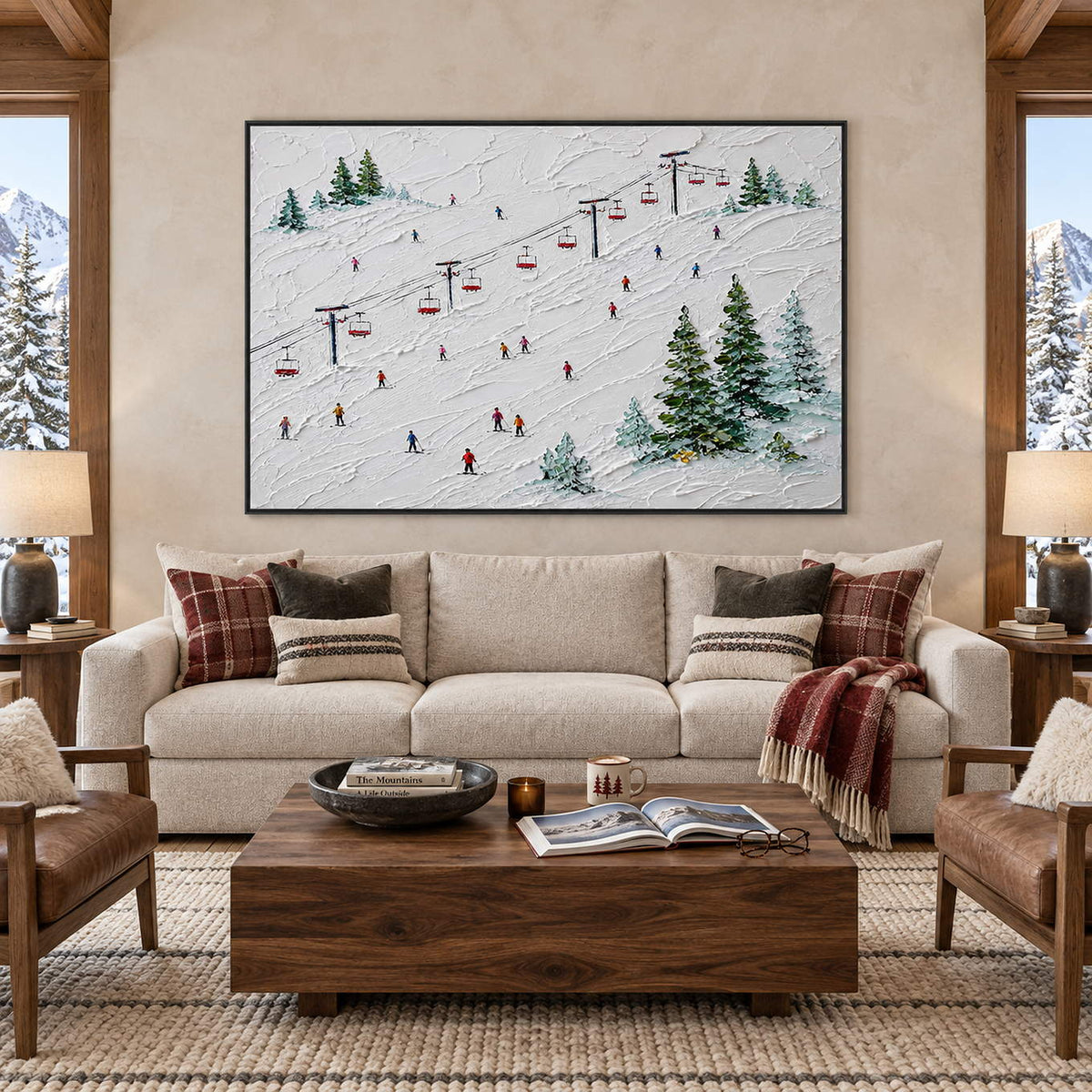 Snowy ski slope painting with red chairlifts, colorful skiers, and evergreen trees in a black frame in a living room.
