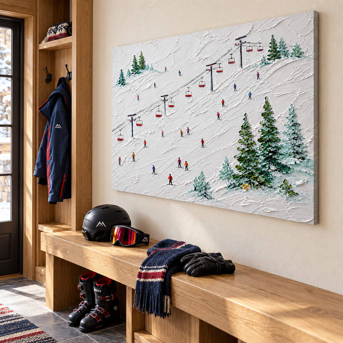 Snowy ski slope painting with red chairlifts, colorful skiers, and evergreen trees without an outer frame in an entryway with ski equipment.