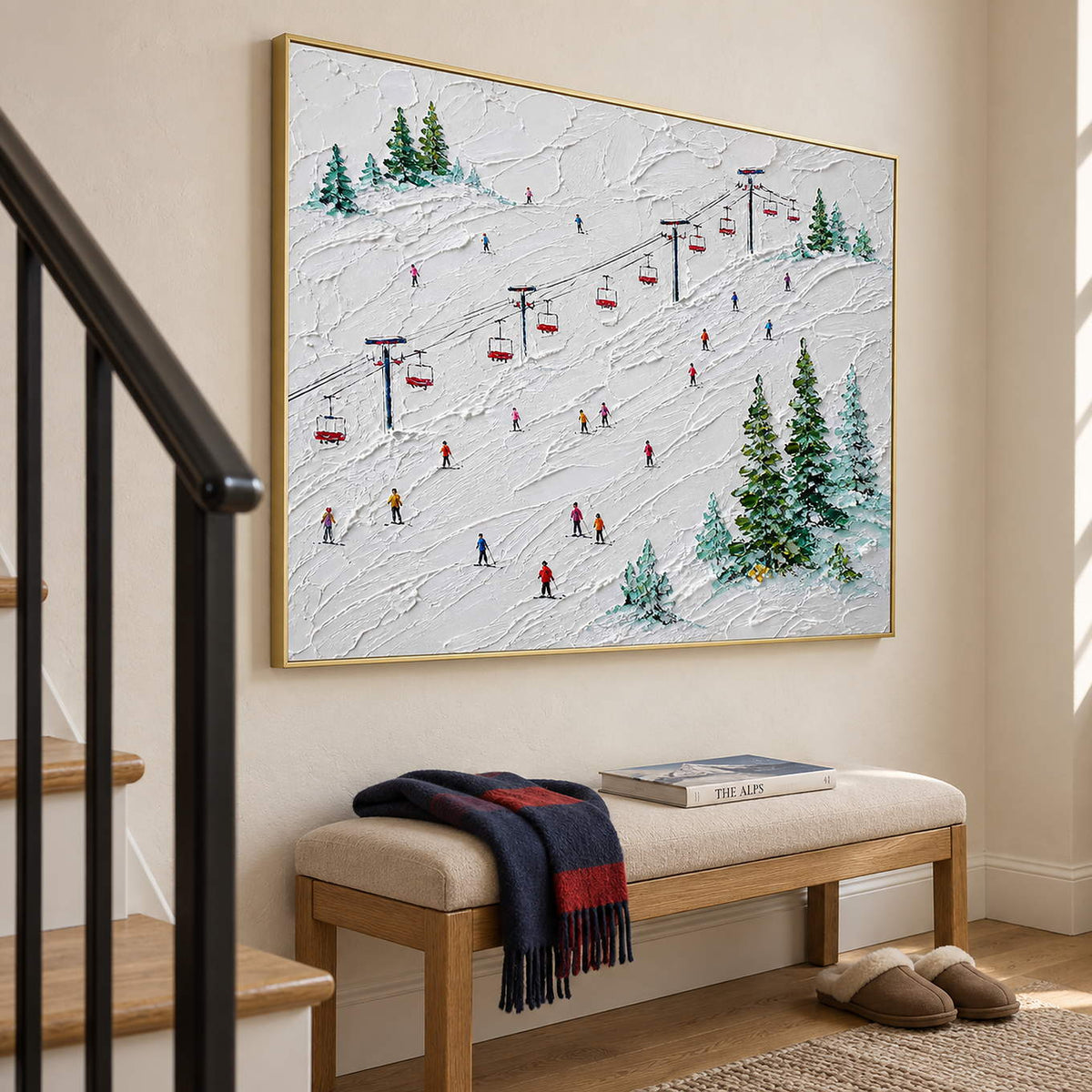 Snowy ski slope painting with red chairlifts, colorful skiers, and evergreen trees in a gold frame on a stair landing.