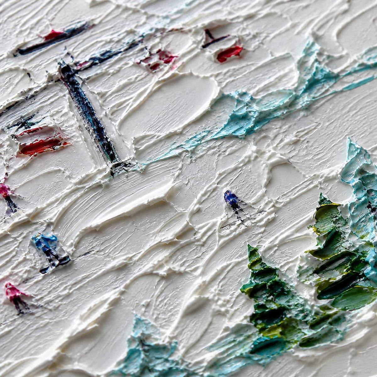 Close-up of raised snow, red chairlifts, skiers, and evergreen paint texture.
