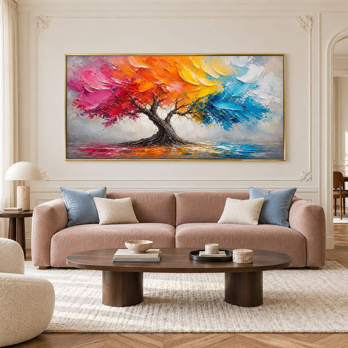Textured tree painting beneath a pink, orange, yellow, and blue canopy in a gold frame in a living room.