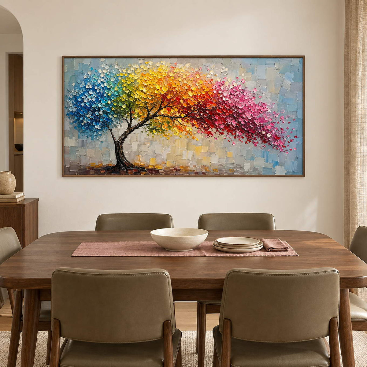 Rainbow tree painting with raised colorful leaves and a pale blue background in a brown wood frame in a dining room.