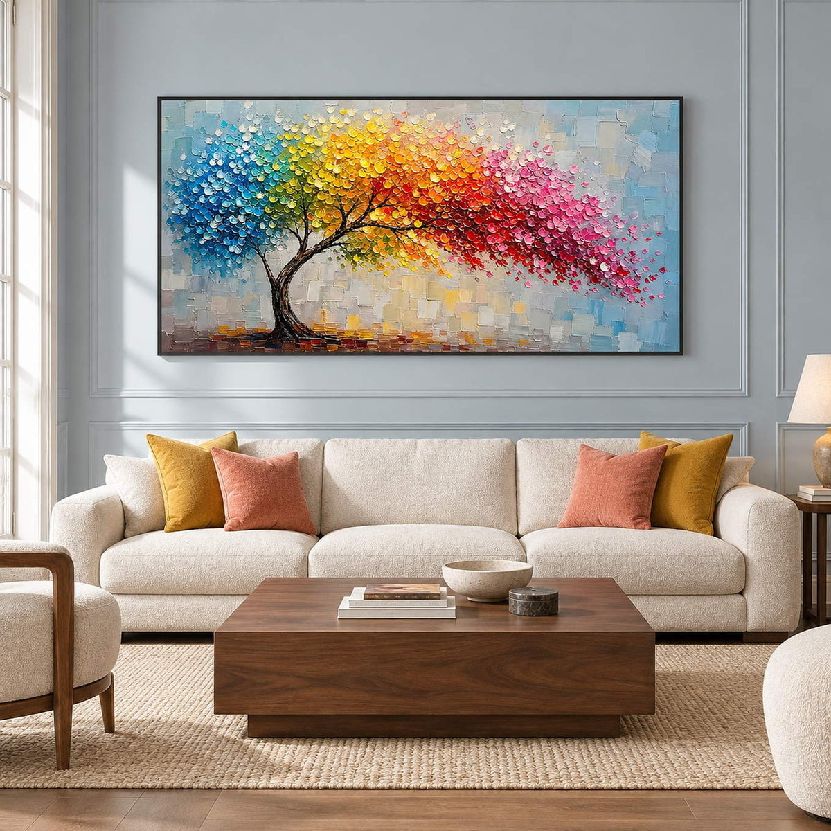 Rainbow tree painting with raised colorful leaves and a pale blue background in a black frame in a living room.