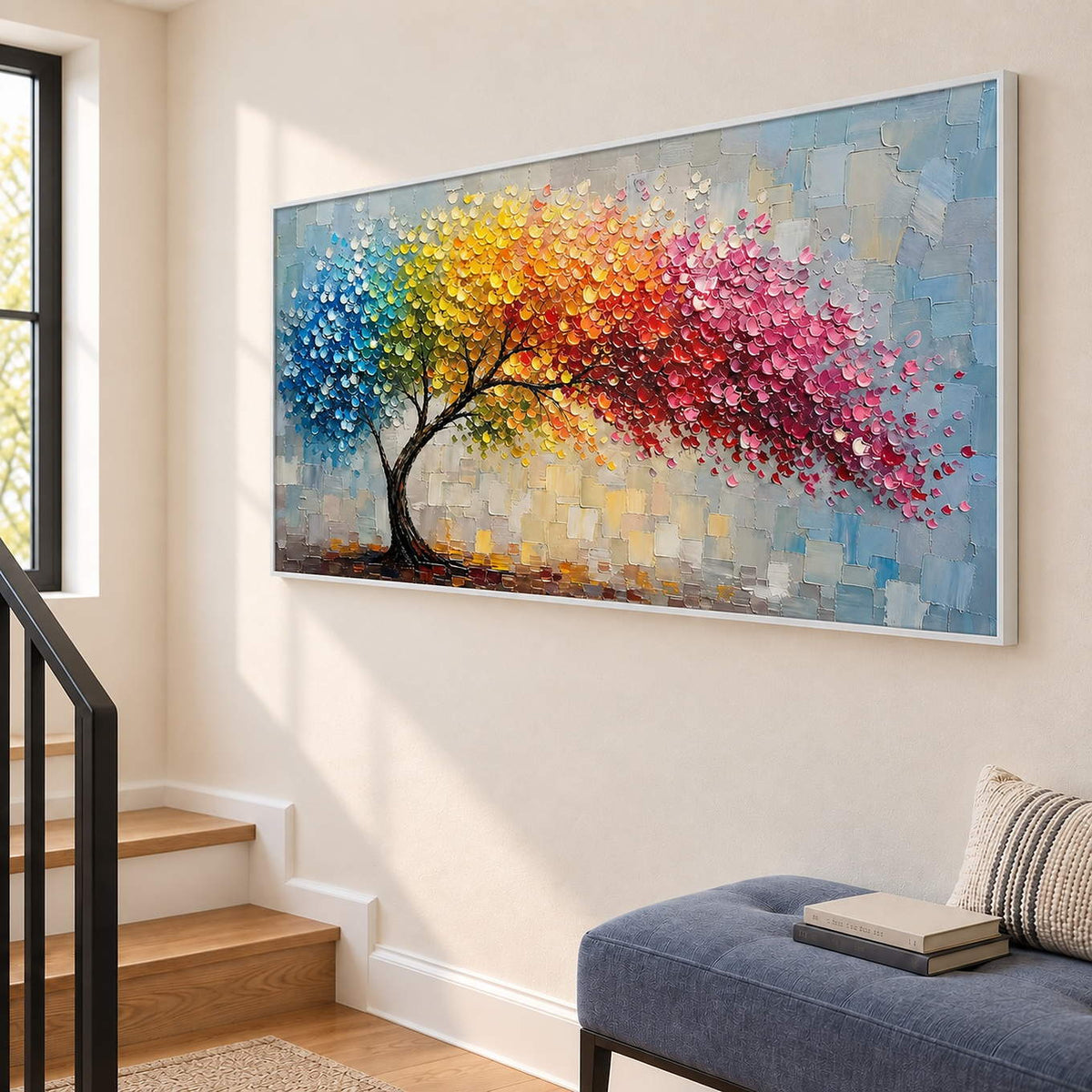 Rainbow tree painting with raised colorful leaves and a pale blue background in a white frame on a stair landing.