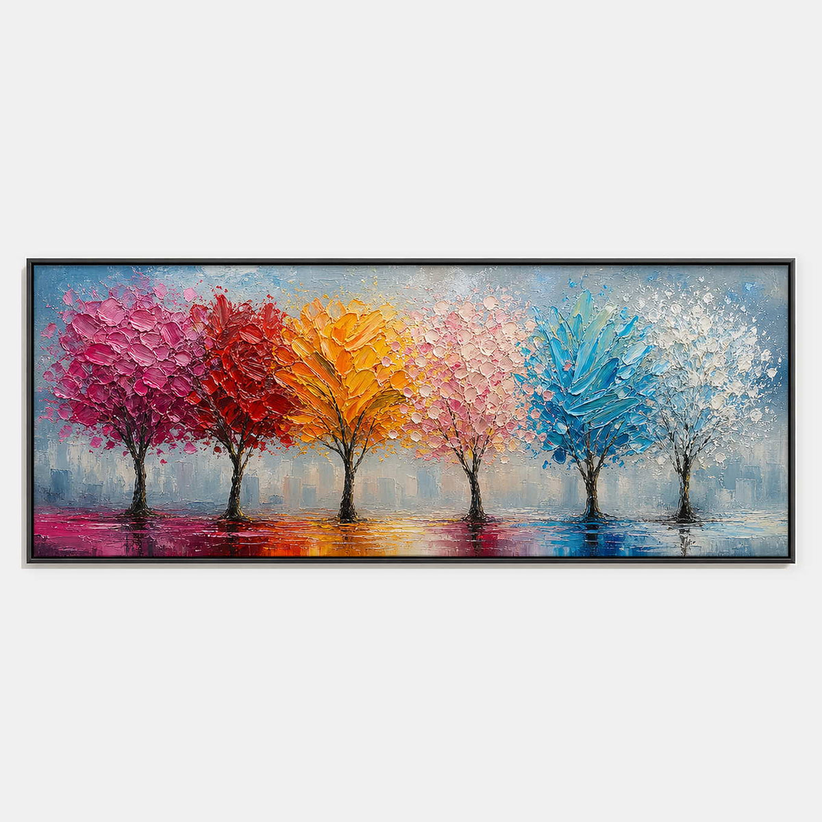 Hand-painted colorful landscape wall art with multicolor, pink & blush, and blue tones.