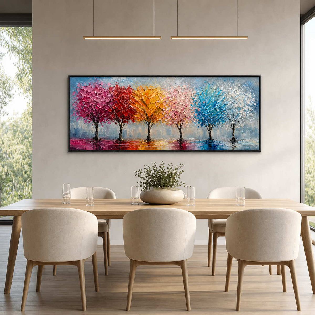 Colorful Landscape Wall Art displayed in a refined dining room.