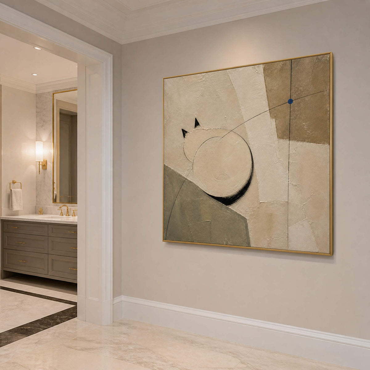 Two Circles Hold the Quiet in a gold-framed bathroom