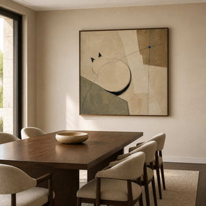 Two Circles Hold the Quiet in a wood-framed dining room