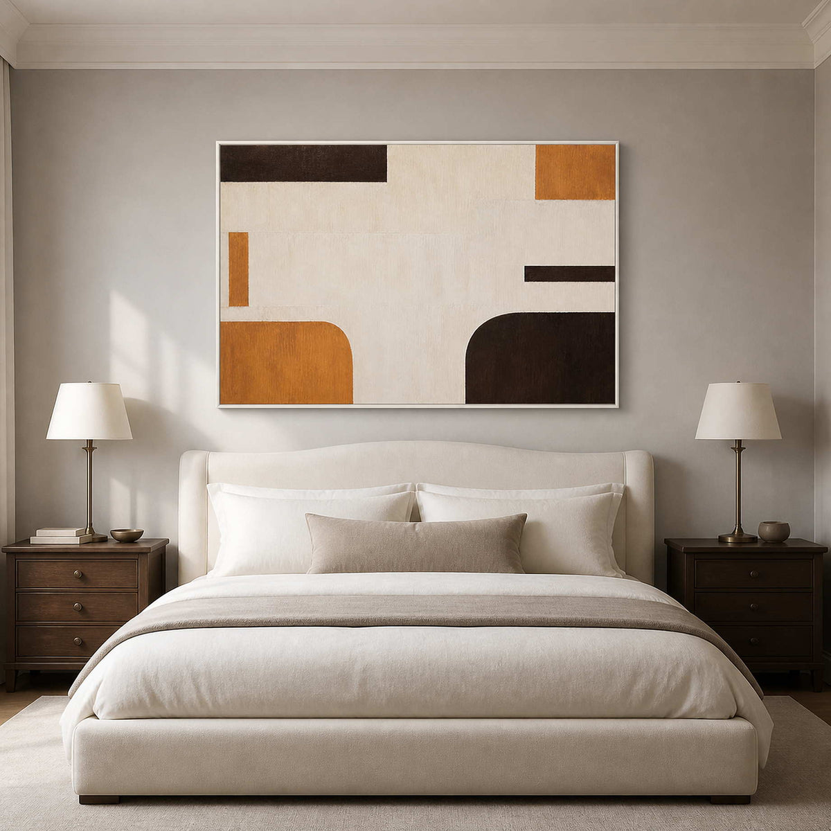 Two Corners Hold the Warmth in a restful white-framed bedroom