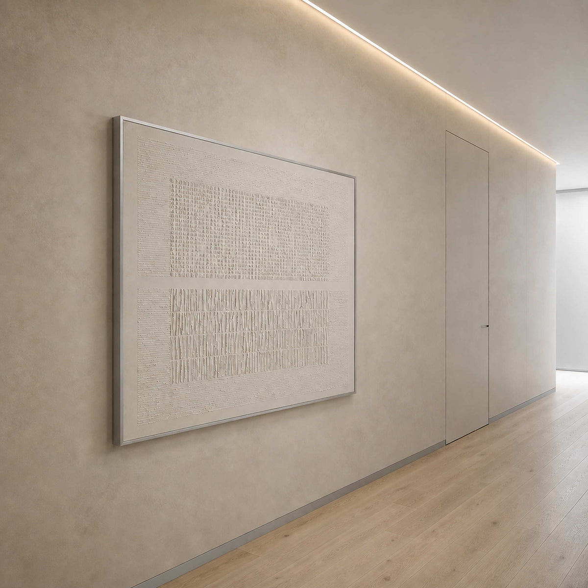 Textured monochrome artwork viewed along a warm contemporary hallway.