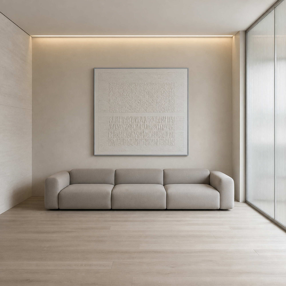 White textured minimalist wall art in a serene ivory living room.