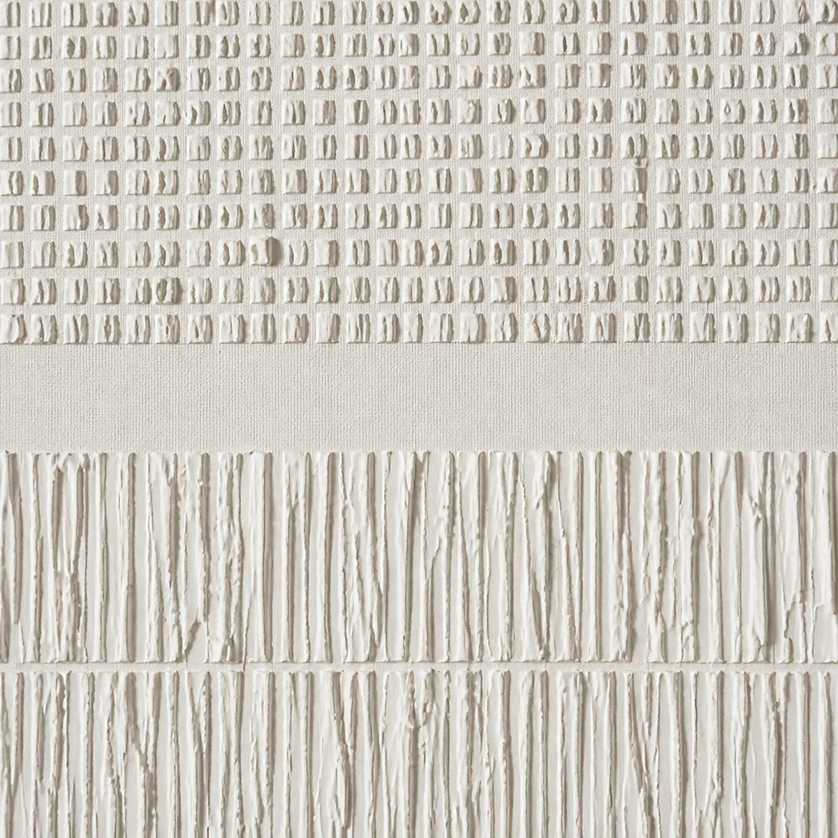 Close-up of repeated ivory imprints and vertical hand-painted ridges.